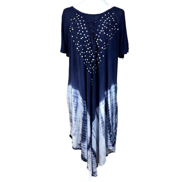 Dresses & Skirts - Navy Tie-Dye Midi Dress with Embellished Neckline
